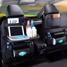 Leather Car Seat Back Organizer with Foldable Tray