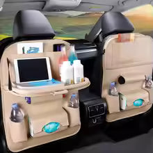 Leather Car Seat Back Organizer with Foldable Tray
